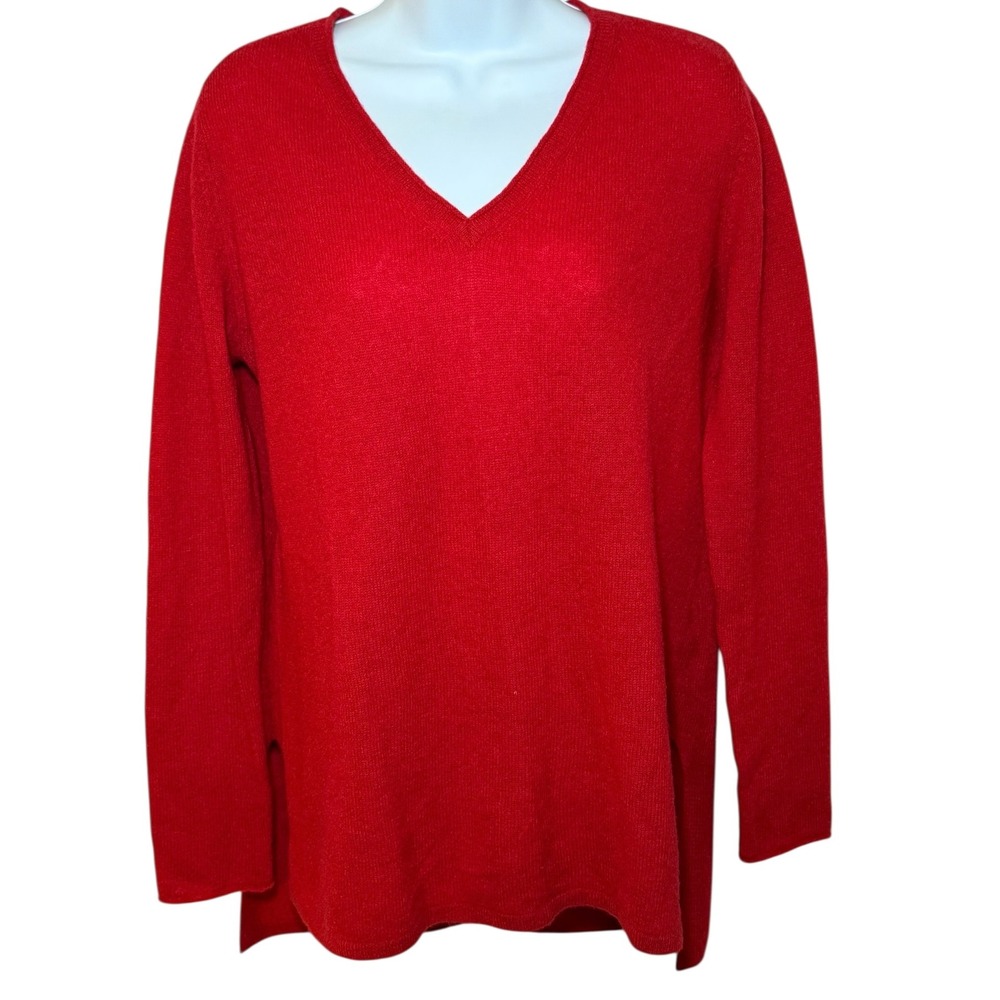 Belle France Cashmere V Neck Sweater Red Long Sleeve Side Slit Womens S Pullover